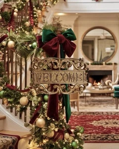 Vintage französisches Land Fleur de Lis Gold Willkommensschild hängende Plakette viktorianischer Stil - Bild 1 von 2