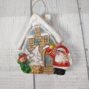 Vintage Santa & Child Standing By A House Christmas Ornament Plastic Hong Kong - Picture 1 of 5
