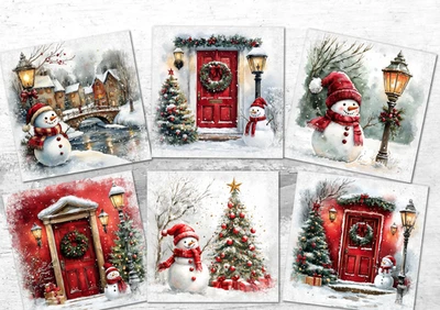 CUSH-N-CRAFT Snowmen & Red Doors Christmas Village Card Toppers for Card Making - 3.5"