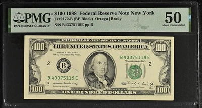1988 $100 Federal Reserve Note Bill - Fr#2172-B, BE Block - PMG Graded 50 - Image 1 of 2