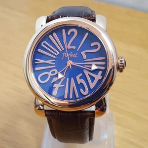 Mens XL Brown Leather Retro Pop-Art Rose Gold Blue Pocket Grande Watch 3004 NEW - Picture 1 of 10