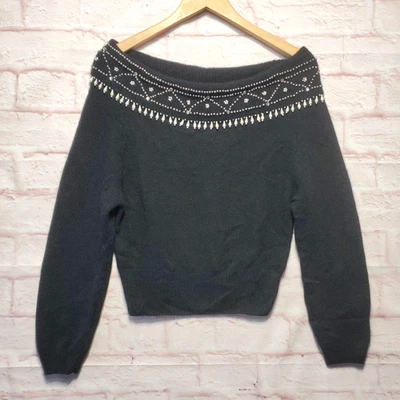 Contempo Casuals Sweater Womens Small Black Lambswool Angora Beaded Off Shoulder - Image 1 of 4