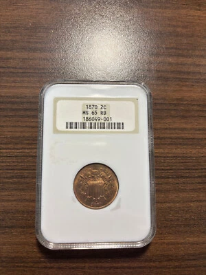 Pieza de dos centavos 1870-P 2C NGC MS 65 ESTADO COMO NUEVO 65 rojo marrón (RB) RARO ALTO GRADO Foto 1 de 4