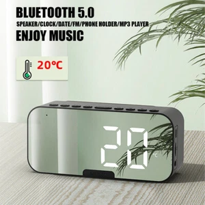Reloj despertador digital radio FM inalámbrico espejo LED con altavoz portátil - Imagen 1 de 14