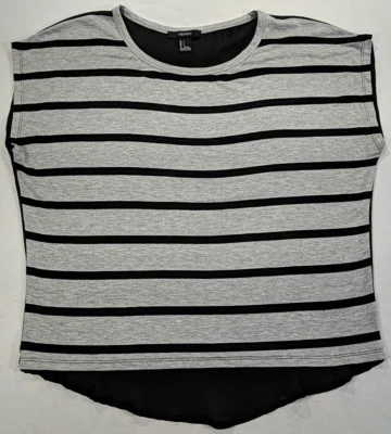 FOREVER 21 Women's T-Shirt sz S Stripe Front/Sheer Back Crew Cap Slv Hi/Low Hem - Image 1 of 4