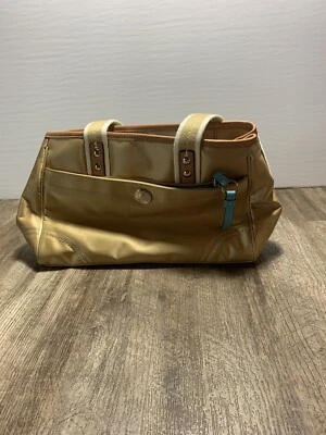 Bolsa tote pequena COACH Hampton couro azul dourado fim de semana F11992 - Imagem 1 de 4