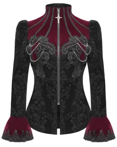 Devil Fashion Womens Regency Gothic Damask Chained Velvet Jacket - Black & Red - Picture 1 of 13