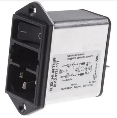 C14 IEC Male Panel Mount Filter Schurter Quick Connect Terminals 6.3 x 0.8mm 10A - Image 1 of 4