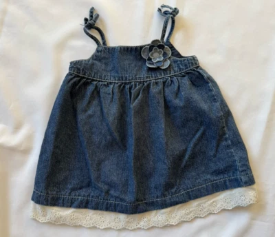 Oshkosh Denim Sundress Baby Girl Overall Dress Blue Jean Floral 3 Months Eyelet - Image 1 of 4