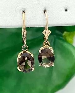 14K Smoky Topaz Earrings- 6CTW- Oval- Dangle- Vintage-Yellow Gold- 1" Long - Picture 1 of 7