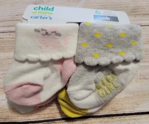 NWT Child Mine,Carters Baby Girl SOCKS 6 pr Set Pink/Kitty/Mustard/Sunflower NB - Picture 1 of 5