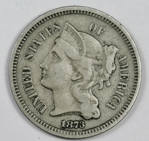 1873 Three Cent Nickel.  Natural Uncleaned.  Open "3".  VF.  168983 Cover
