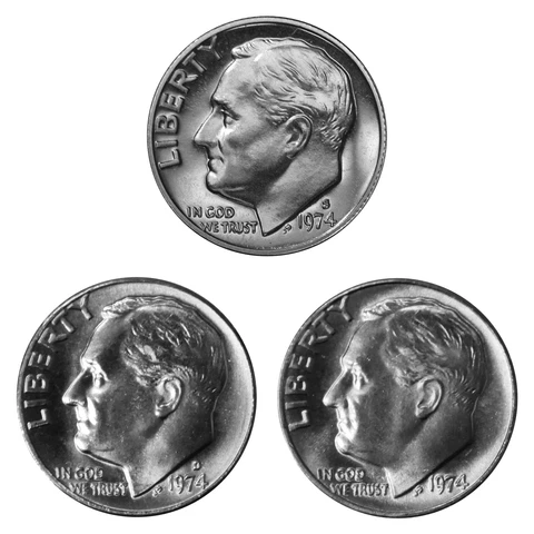 1974 P D S Roosevelt Dime 10c Year set Proof & BU US 3 Coin lot Cover