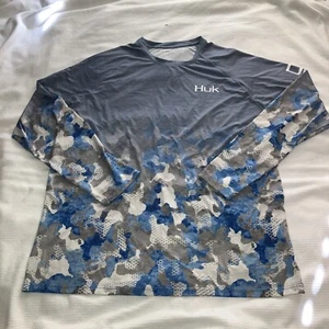 HUK Fishing Long Sleeve Shirt 2XL Blue Water Camouflage Pullover Mens - Picture 1 of 9