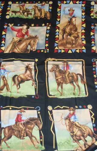 King of the Ranch cowboys black retro western panel fabric - Image 1 of 1