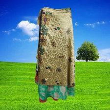 Women Long Wrap Skirt, Beach Coverup Sarong, Silk Sari  Skirts, Beige  One size