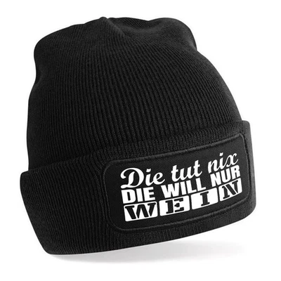 STATEMENT HQ Beanie Mütze mit Spruch DIE TUT NIX DIE WILL NUR WEIN – Strickmütze Geschenkidee