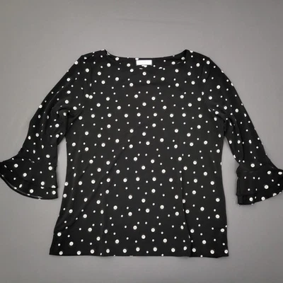 Charter Club Blouse Womens PL * 3/4 Long Ruffle Bell Sleeve Polka Dot Black - Image 1 of 4