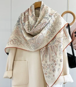 70% Cashmere 30% Silk Wrap Scarf white totem Print Double Face Print Shawl 53'' - Picture 1 of 8