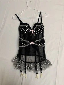 Victoria's Secret corsetto bustier nero con pois e giarrettiere avorio taglia 34C - Foto 1 di 12