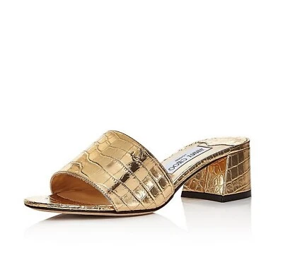 JIMMY CHOO Minea 45 Metallic Croc-Embossed Light Gold Heel Sandals EU 36/ US 6 - Изображение 1 из 4