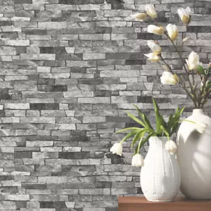 P&S Textured Brick Effect Wallpaper Charcoal Grey Black Shading Wallpaper - Picture 1 of 2