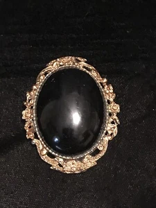 Broche Colgante Vintage Grande Tono Dorado Filigrana Con Ónix Negro - Imagen 1 de 4