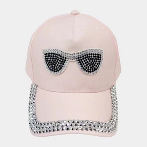 NEW WOMEN'S LIGHT PINK RHINESTONES BASEBALL HAT CAP SUN GLASSES STUDS - Picture 1 of 2