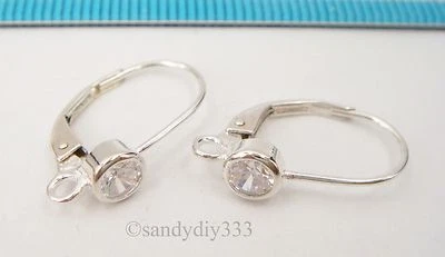 2x BRIGHT STERLING SILVER ROUND CZ CRYSTAL LEVER BACK EAR WIRES EARRINGS #2460 - Image 1 of 2