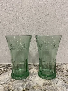 Coca Cola Coke Green Libbey Flared Top Glass 6 1:4" Tall 16oz Mug Soda Pop Set 2 - Picture 1 of 5
