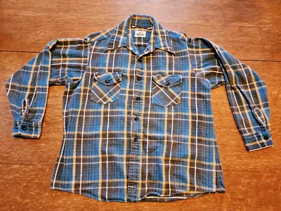 Vintage 1970s Woolrich Mens Flannel Shirt L Blue Brown Plaid Workwear Shacket - Image 1 of 4
