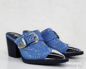 Vive Western Slipper Pantoletten Blau Denim Strass Metall Zehenschutz Design - Bild 1 von 10