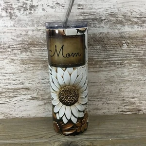 Brown and White Flowers Leather Look Personalized 20 oz Skinny Tumbler - Picture 1 of 6