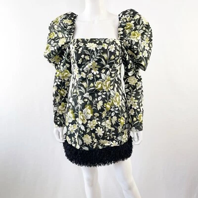 Miss Selfridge Floral Tapestry Mini Dress Size 6 Black Faux Fur Trim Puff Sleeve - Image 1 of 4