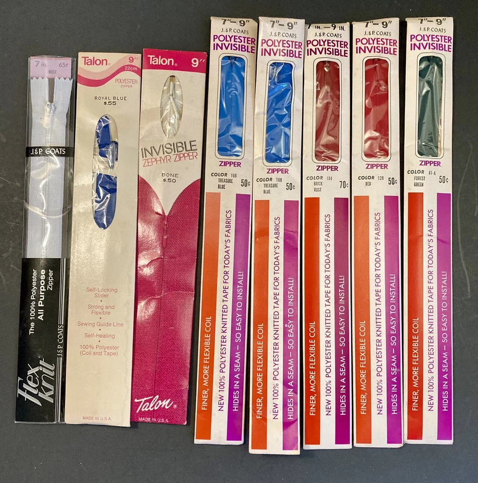 NOS Vintage Lot Of 8 Zippers Talon And J & P Coats Plastic Assorted Colors Sizes - Image 1 of 4