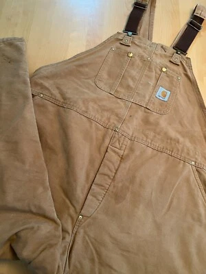 VTG CARHARTT BIB OVERALLS MADE IN USA CARPENTER DUCK CANVAS DISTRESSED SZ 50 30 - Image 1 of 4