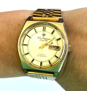 Men's Watch Jules Jurgensen 5026A Day Date Yellow Tone 17j Selfwinding Runs - Picture 1 of 15