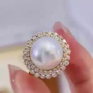 3.50Ct Round Cut Lab-Created Pearl Halo Engagement Ring 14K Yellow Gold Plated - Picture 1 of 6