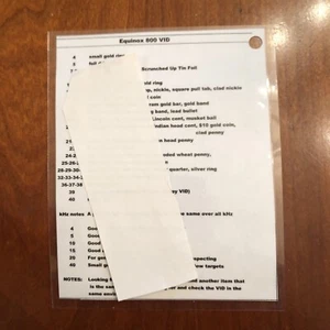 Equinox 800 Metal Detector VID Codes Laminated List Target ID Sequential - Picture 1 of 1