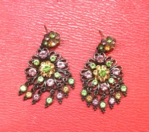 EUC pink green crystal pewter color flower EARRINGS 2,5" long Free shipping - Picture 1 of 3
