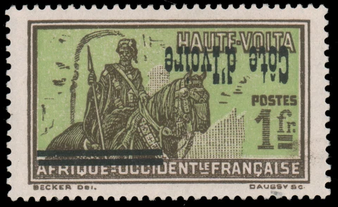 IVORY COAST 1933 1fr INVERTED OVERPRINT ON UPPER VOLTA MINT #108a well-centered Cover