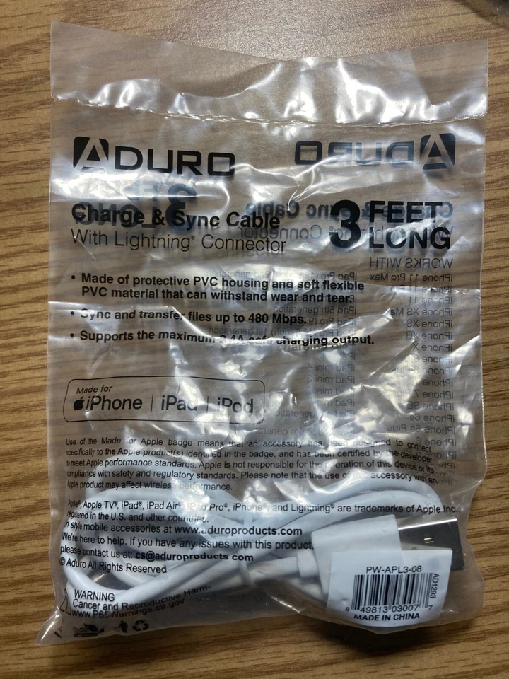 Aduro Apple Certified Fiber Lightning Cables - 3 ft White - Image 1 of 1
