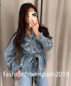 ZARA NEW WOMAN BELTED RIPPED TRF DENIM OVERSHIRT LIGHT BLUE XS-XXL 8197/076/406 - Picture 1 of 2