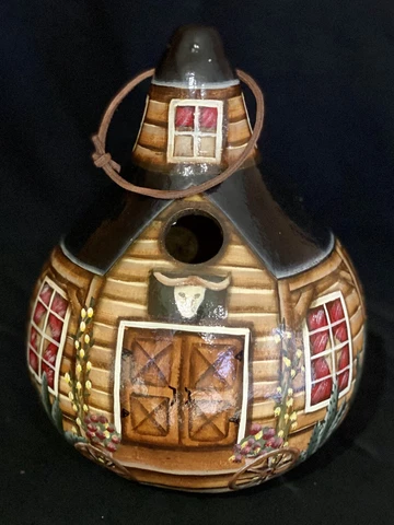 Hand Painted Large Birdhouse Gourd Southwest Ranch Style Log Cabin Steer Head Cover