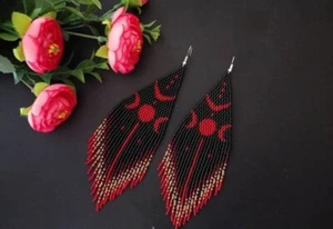 Tribal Earrings Native Large Boho American Seed Beads Handmade Earring - Picture 1 of 3