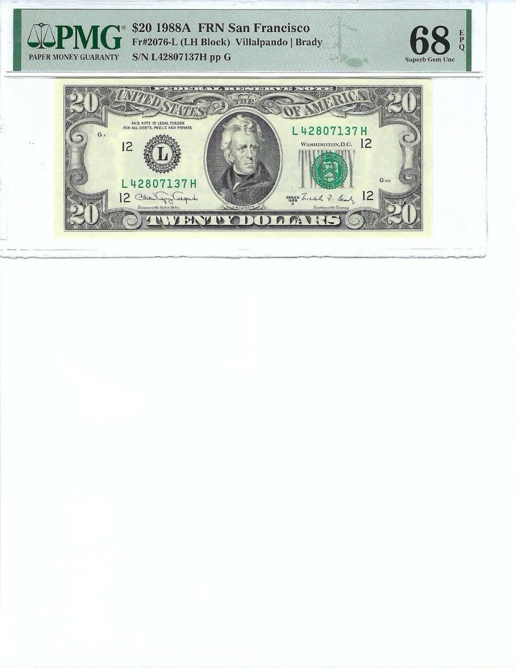 1988 $20 FRN FR2076-L PMG 68 EPQ, San Francisco S/N L42807137H!!! - Image 1 of 2