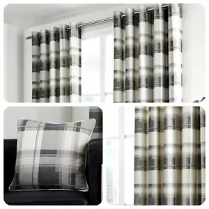 Fusion BALMORAL CHECK Slate Grey Tartan 100% Cotton Eyelet Curtains & Cushions - Picture 1 of 3