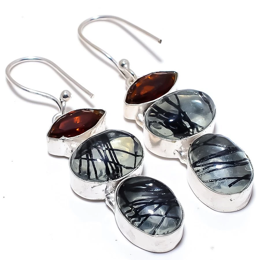 Black Rutile Quartz, Garnet Gemstone 925 Silver Jewelry Earring 2.4" R-2652 - Image 1 of 1