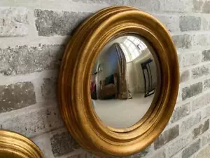 Convex Fisheye Porthole Wall Mirror Round Gold Distressed Wood Retro 34cm - Picture 1 of 7