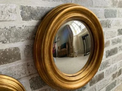 Convex Fisheye Porthole Wall Mirror Round Gold Distressed Wood Retro 34cm  - Image 1 of 4